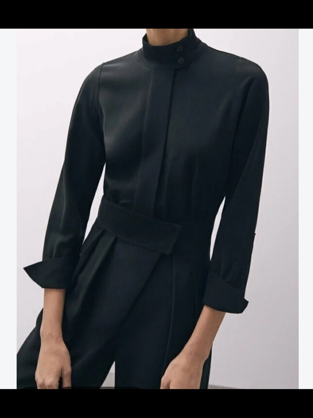 Massimo Dutti Black High-Neck Long-Sleeve Belted Jumpsuit